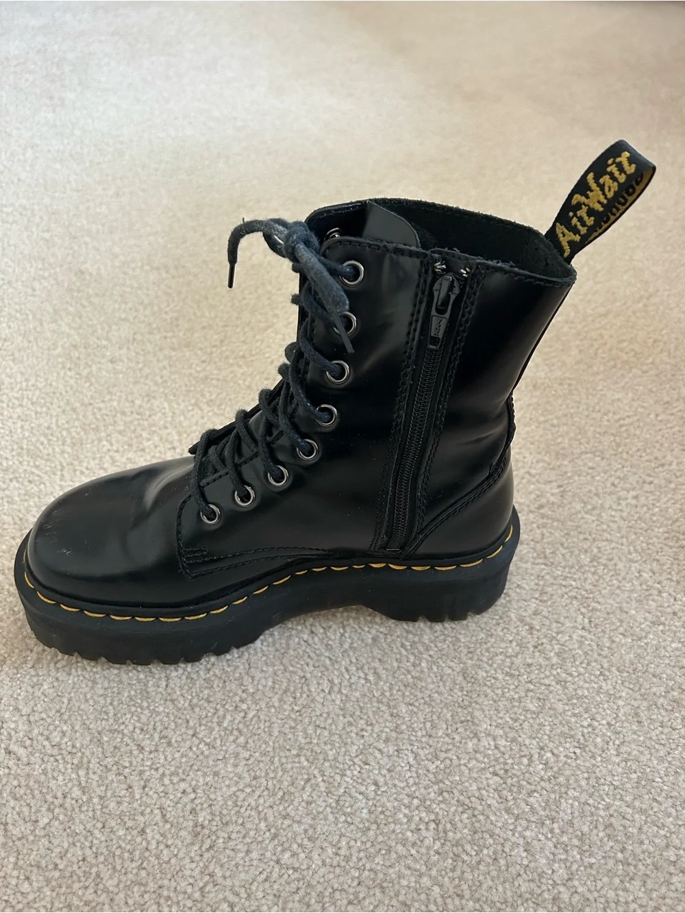 Dr. Martens Black Smooth Leather Platform Lace-Up Boots with Yellow Stitching